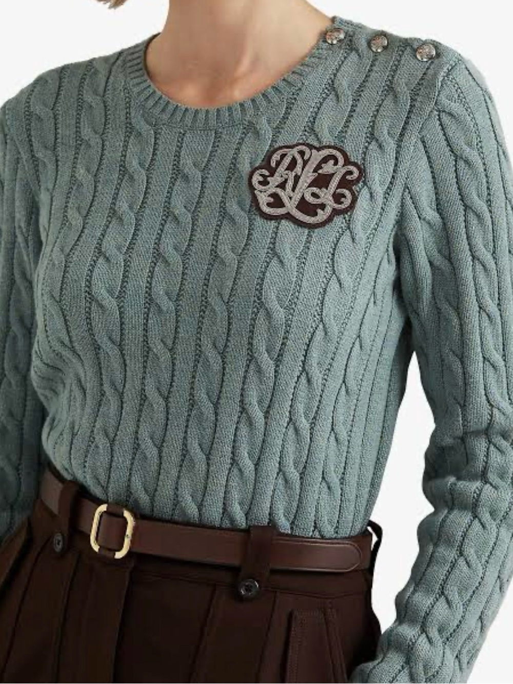 Lauren Ralph Lauren Women’s Cable Knit Crewneck Sweater — Sage Green